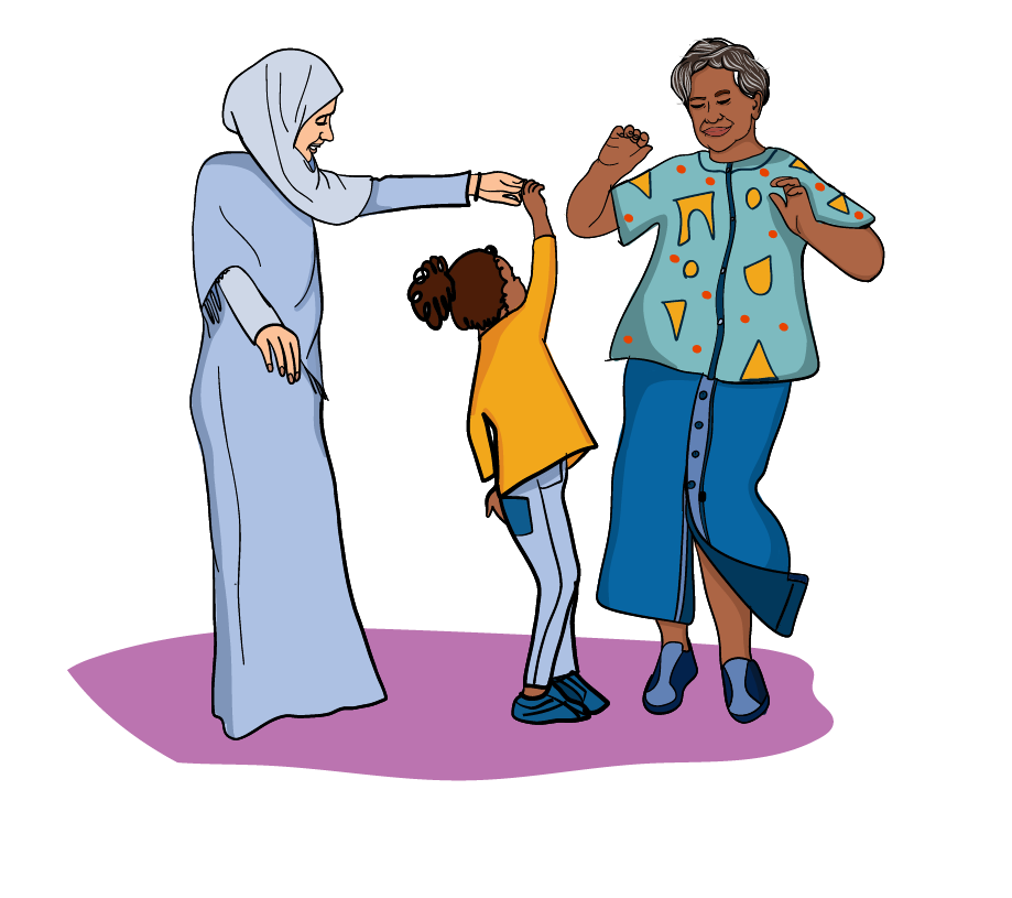 woman in a hijab, young Brown girl and elderly Brown woman dancing